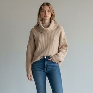 Point Sur Mohair & Wool Blend Ribbed Turtleneck Rib Knit Sweater Pale Peach Sz S